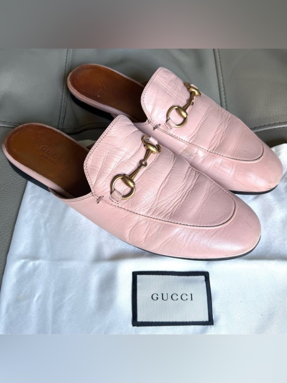 GUCCI Princetown Leather Horsebit Loafer Mules Sz 37.5 Perfect Pink Italy Made